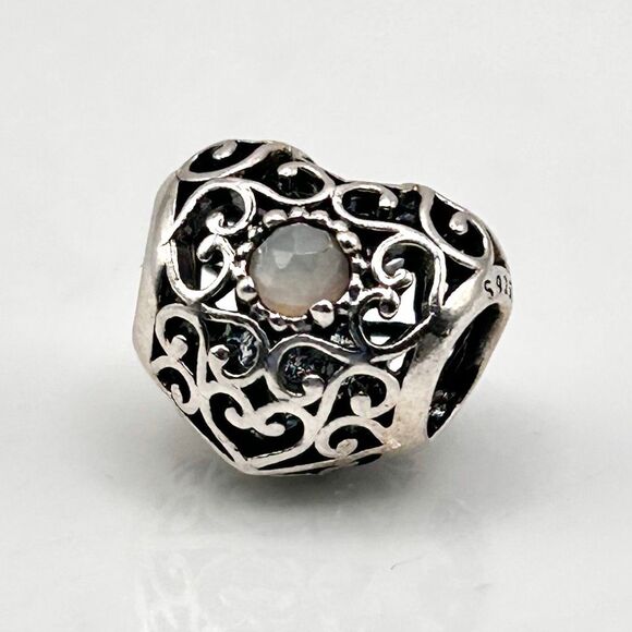 PANDORA Signature Heart Moonstone Charm June Birthstone Bead 925 ALE Authentic - Picture 1 of 8